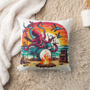 Octopus Playing Drums by the Beach at Sunset Cushion