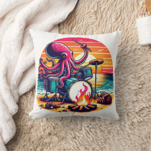 Octopus Playing Drums by the Beach at Sunset Cushion