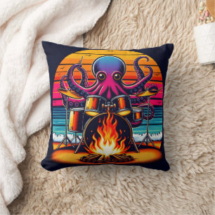 Octopus Playing Drums By The Campfire At Sunset Cushion