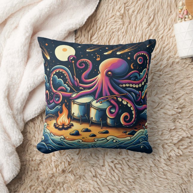 Octopus Playing Drums by the Campfire Under Stars Cushion (Blanket)