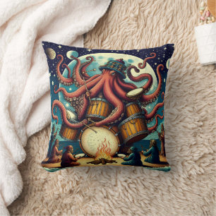 Octopus Playing Drums by the Moonlit Shore Cushion