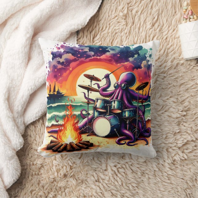 Octopus Playing Drums by the Ocean at Sunset Cushion (Blanket)