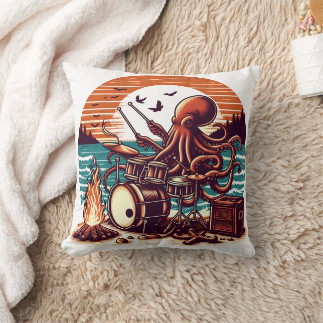 Octopus Playing Drums by the Ocean at Sunset Cushion (Blanket)