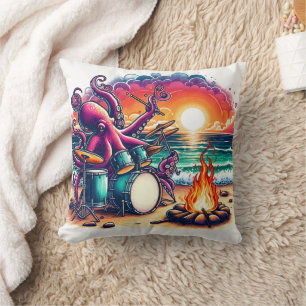 Octopus Playing Drums Near Campfire at Sunset Cushion