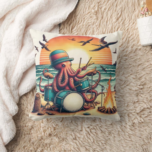 Octopus Playing Drums Near Sunset Beach Cushion (Blanket)