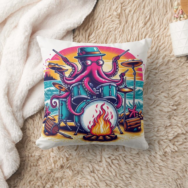 Octopus Playing Drums on Beach at Sunset Cushion (Blanket)