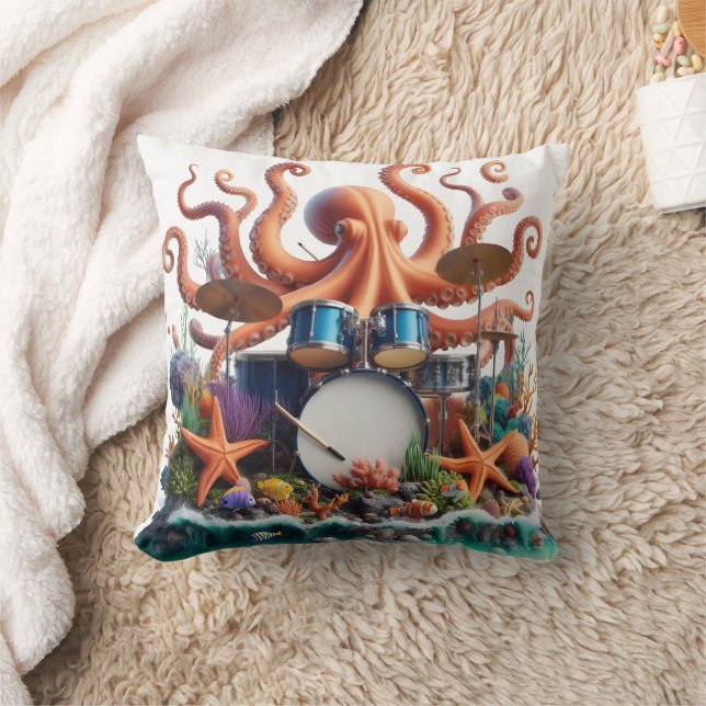 Octopus Playing Drums Surrounded by Coral Reef Cushion (Blanket)