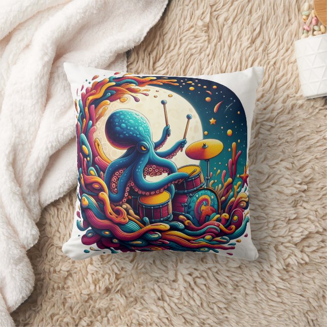 Octopus Playing Drums Under A Starry Night Cushion (Blanket)