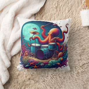 Octopus Playing Drums Under Moonlit Sea Cushion