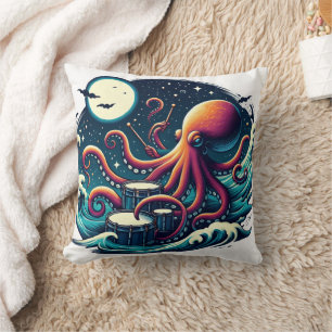 Octopus Playing Drums Under Moonlit Sky Cushion