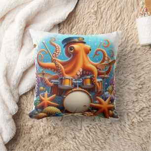 Octopus Playing Drums Underwater in Coral Reef Cushion