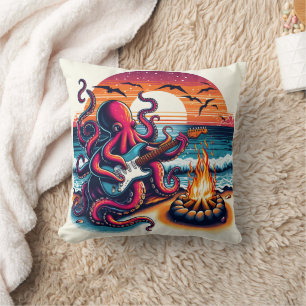 Octopus Playing Guitar by Beach Campfire at Sunset Cushion