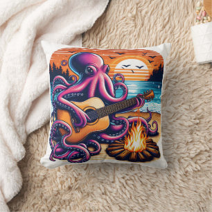 Octopus Playing Guitar by Campfire at Sunset Cushion