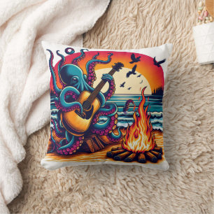 Octopus Playing Guitar by Campfire at Sunset Cushion