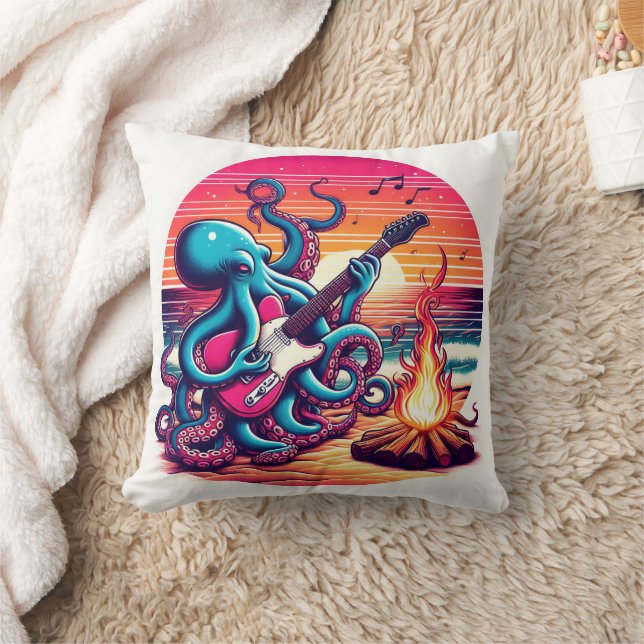 Octopus Playing Guitar By Campfire At Sunset Cushion (Blanket)