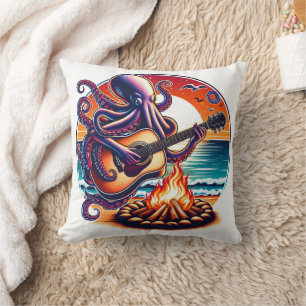 Octopus Playing Guitar by the Beach Campfire Cushion