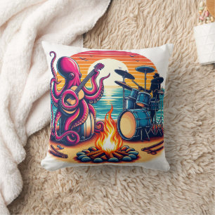 Octopus Playing Guitar Near Campfire at Sunset Cushion