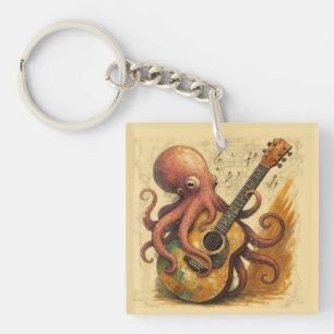 Octopus Playing Guitar Vintage Music Art Key Ring