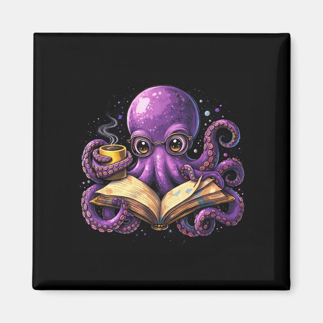 Octopus reading book coffee lover bookish caffeine magnet (Front)