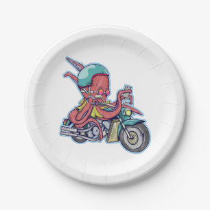 Octopus riding a motorcycle paper plate