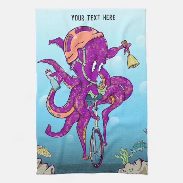 Octopus Riding a unicycle Tea Towel (Vertical)