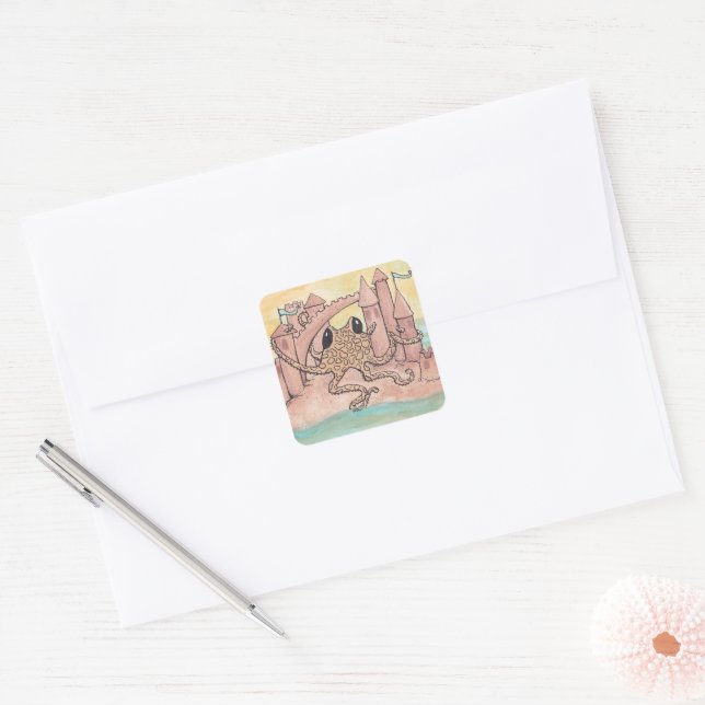 Octopus & Sandcastle Square Sticker (Envelope)