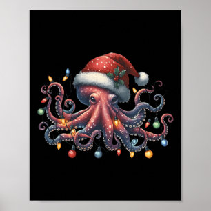 Octopus Santa Christmas Lights Ocean Octopus Anima Poster