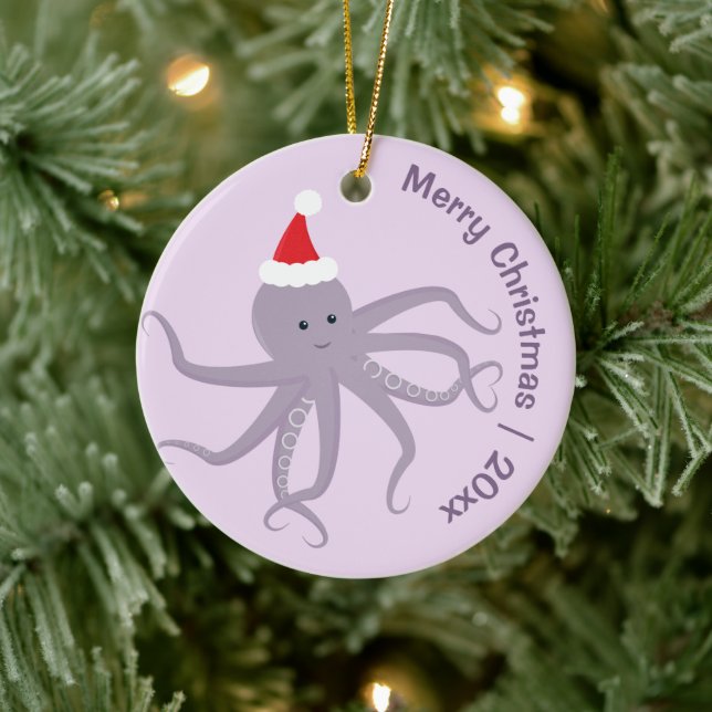 Octopus Santa Purple Merry Christmas Ceramic Ornament (Tree)