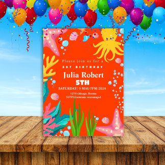 octopus Sea Animals orange birthday invitation