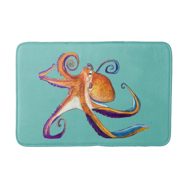 Octopus sealife watercolor art bath mat (Front)