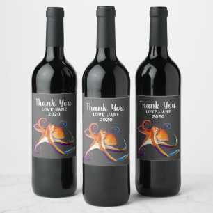 Octopus sealife watercolor art wine label