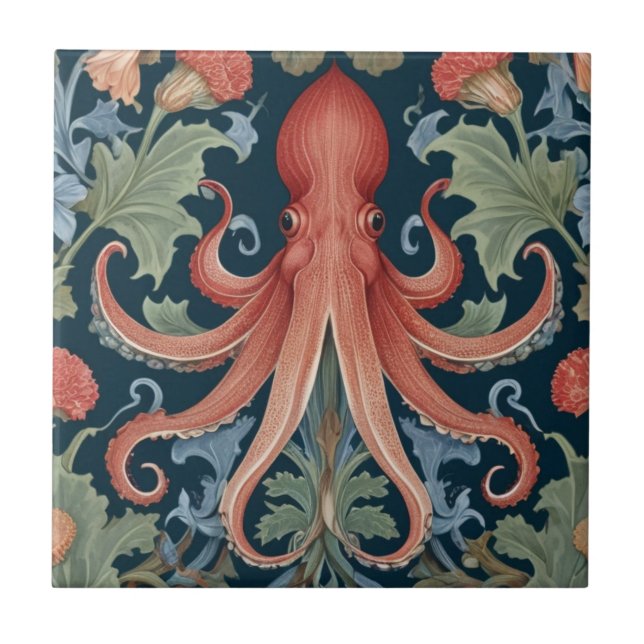 Octopus Squid William Morris style Sea Ocean Life Ceramic Tile (Front)