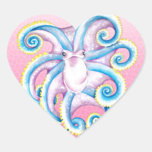 Octopus Stained Glass Pink Heart Sticker