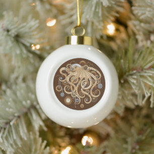 Octopus Steampunk Retro Mechanical Fantasy Ceramic Ball Christmas Ornament