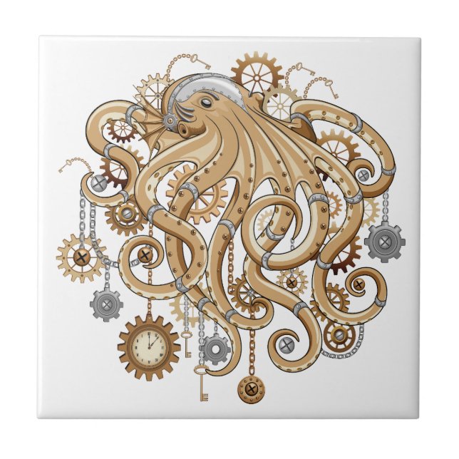 Octopus Steampunk Retro Mechanical Fantasy Ceramic Tile (Front)