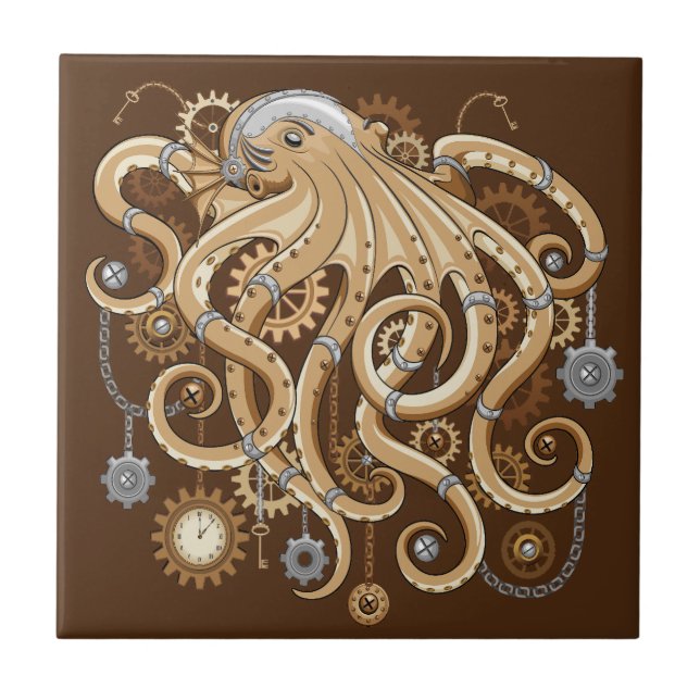 Octopus Steampunk Retro Mechanical Fantasy Ceramic Tile (Front)