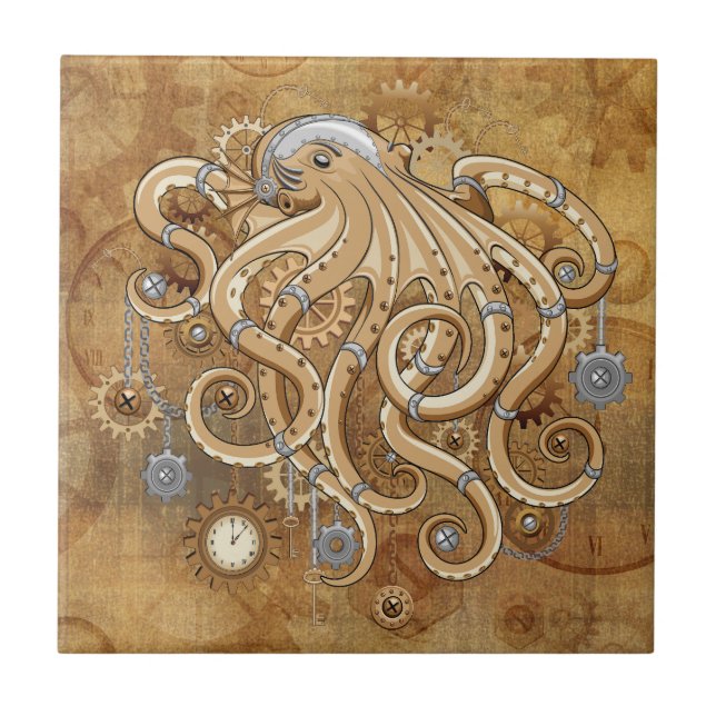 Octopus Steampunk Retro Mechanical Fantasy Ceramic Tile (Front)