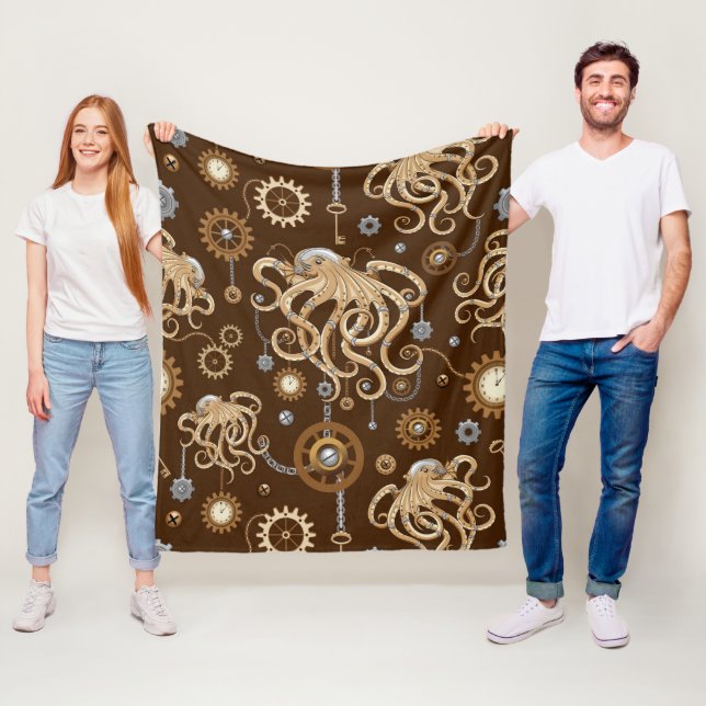 Octopus Steampunk Retro Mechanical Fantasy Fleece Blanket (In Situ)