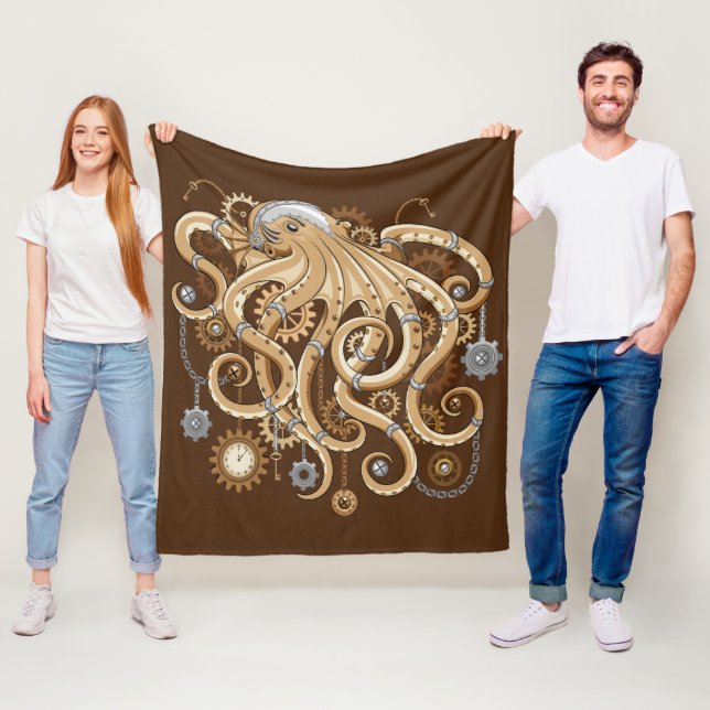 Octopus Steampunk Retro Mechanical Fantasy Fleece Blanket (In Situ)