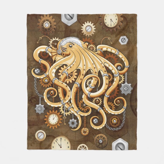 Octopus Steampunk Retro Mechanical Fantasy Fleece Blanket (Front)