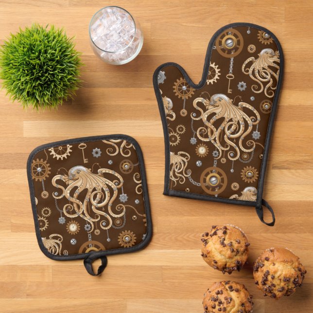 Octopus Steampunk Retro Mechanical Fantasy Oven Mitt & Pot Holder Set (Top Down)