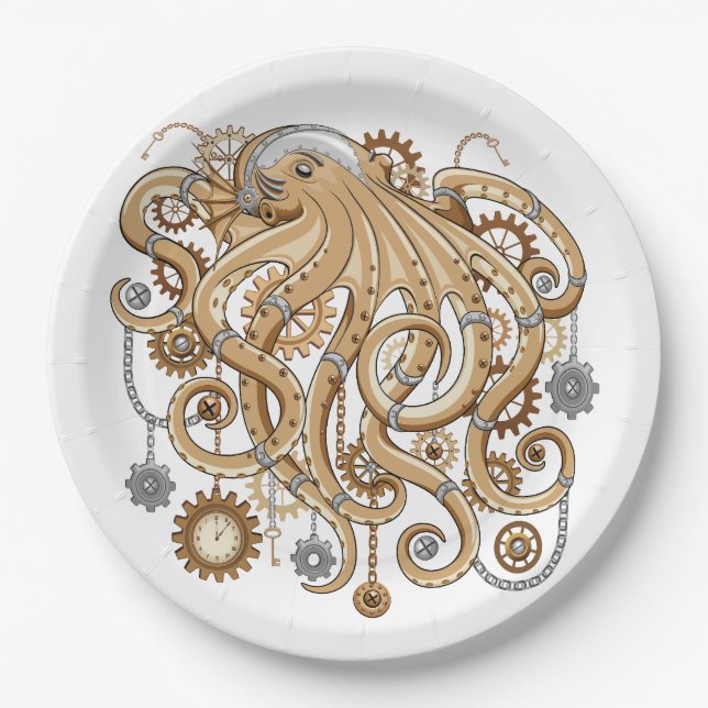 Octopus Steampunk Retro Mechanical Fantasy Paper Plate (Front)