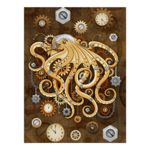 Octopus Steampunk Retro Mechanical Fantasy Poster