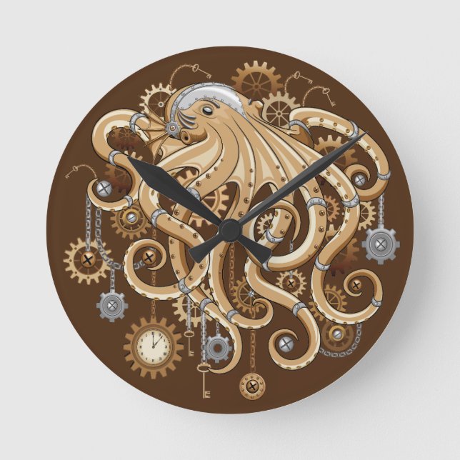 Octopus Steampunk Retro Mechanical Fantasy Round Clock (Front)