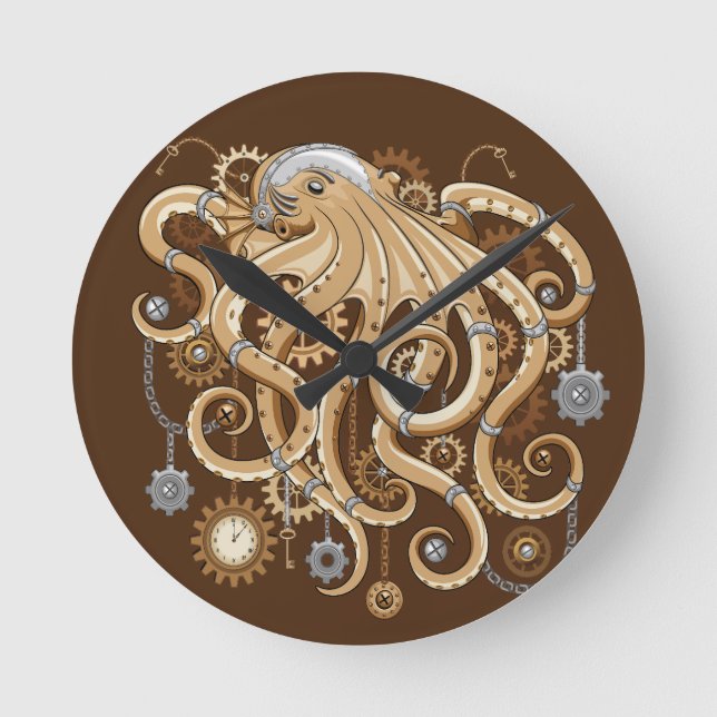 Octopus Steampunk Retro Mechanical Fantasy Round Clock (Front)
