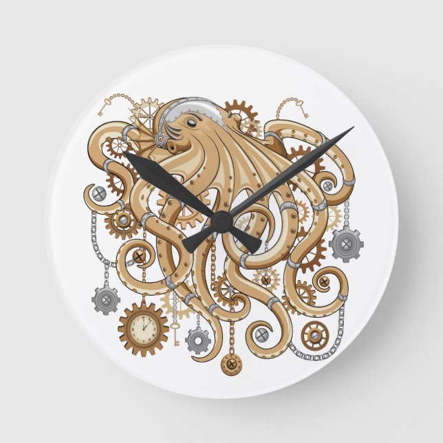 Octopus Steampunk Retro Mechanical Fantasy Round Clock (Front)
