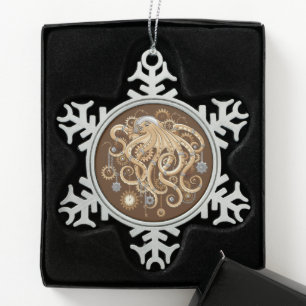 Octopus Steampunk Retro Mechanical Fantasy Snowflake Pewter Christmas Ornament