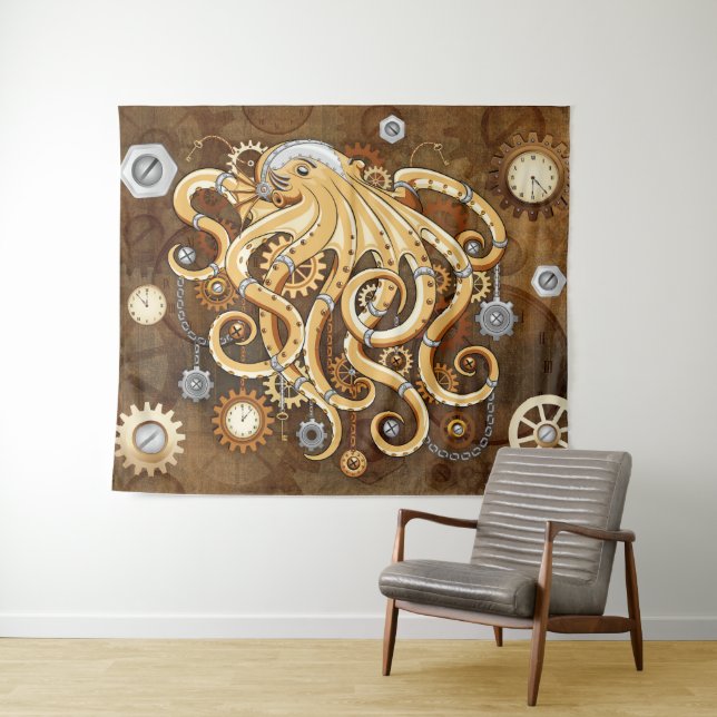 Octopus Steampunk Retro Mechanical Fantasy Tapestry (In Situ (Horizontal))