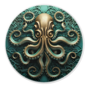 Octopus Teal and Copper Marine Life Aquatic Ceramic Knob