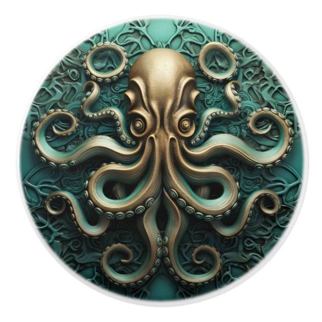Octopus Teal and Copper Marine Life Aquatic Ceramic Knob (Front)